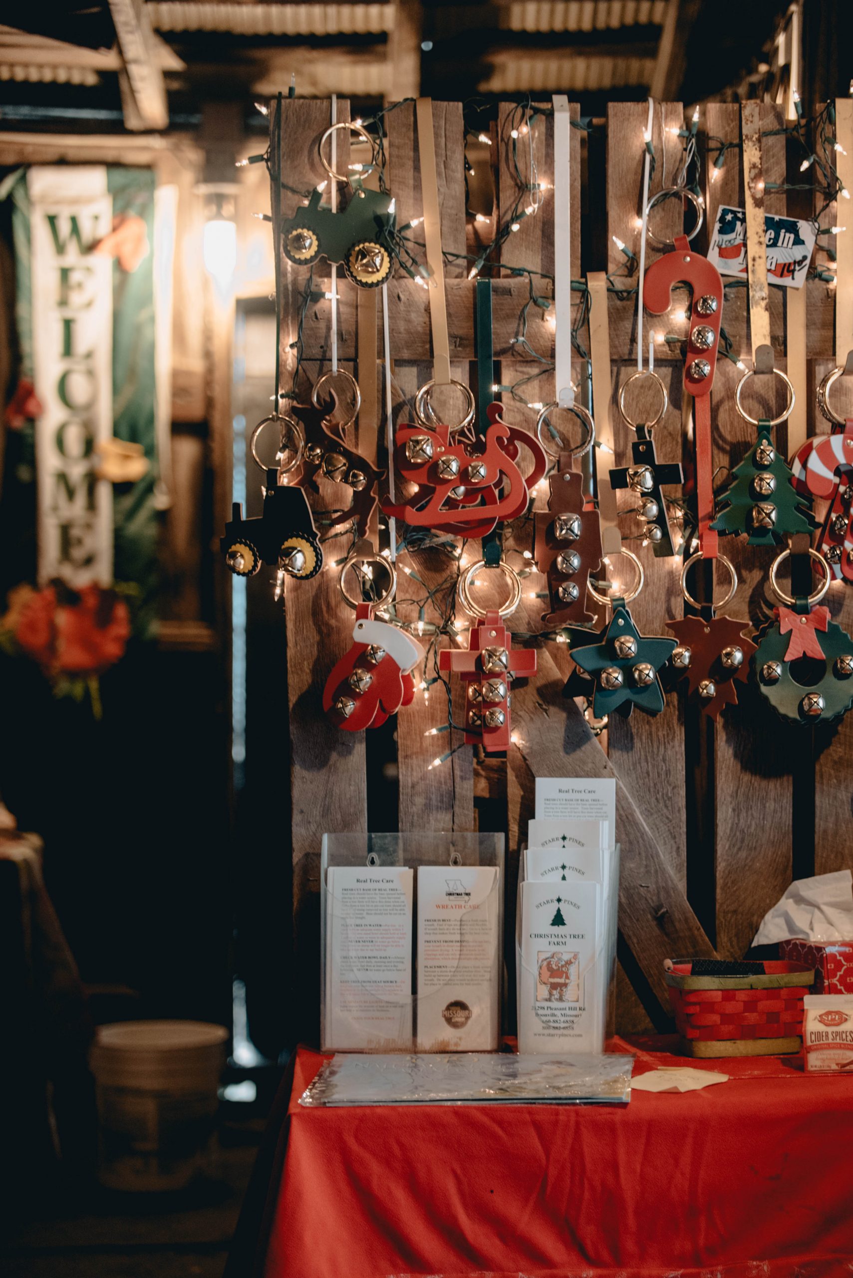 Ornaments hanging inside the Gift Barn