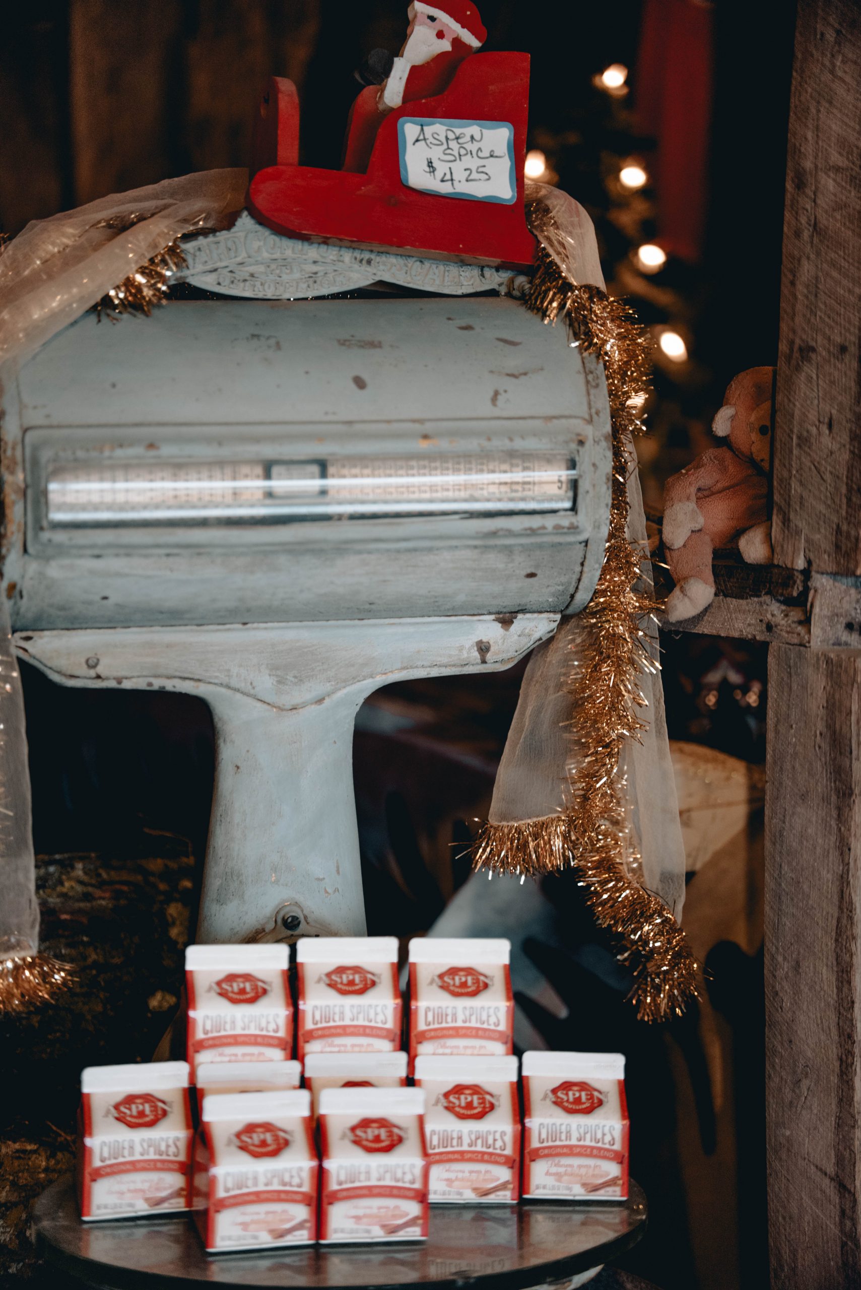 The vintage scale with boxed gifts