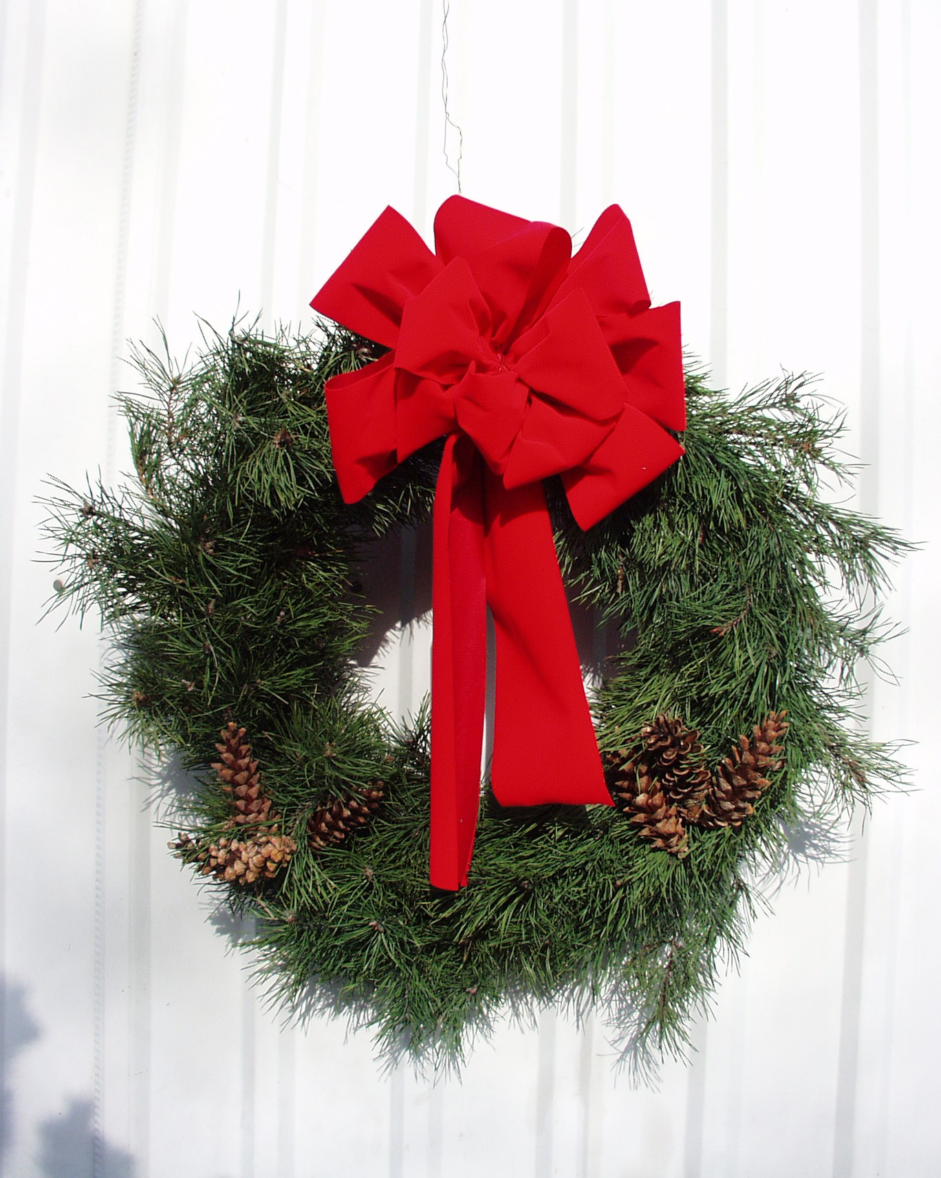 A Scotch pine wreath with a red bow and pine cones